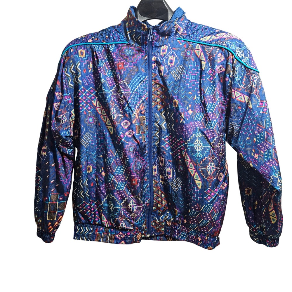 Lavon Windbreaker Women M Blue Geometric Tribal Print Full Zip Vintage 90s